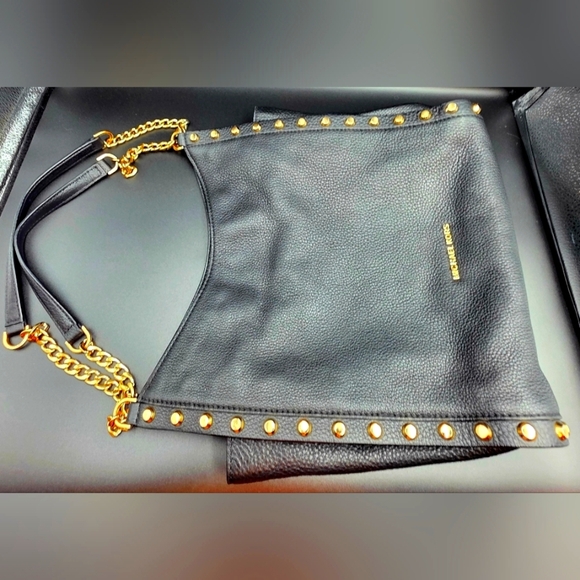 Michael Kors Black Pebbled Leather Goldtone Chain Handles Studded Satchel - Picture 8 of 12